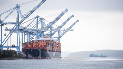 A container ship being unloaded in Commencement Bay. 