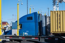 Multiple trucks are seen as they go through the new gate complex at Terminal 5 in Seattle. The modernized gate complex doubles the on-terminal truck queuing capacity at Terminal 5.